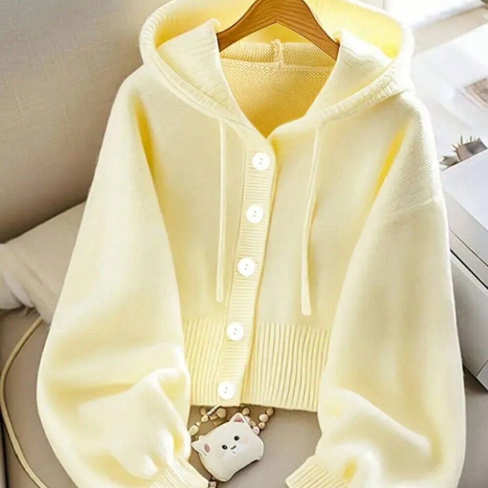 Yellow Casual Women's button down Long Sleeve Hooded Knit Cardigan